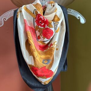 Chic Floral Silk Scarf with Red and Gold Accents